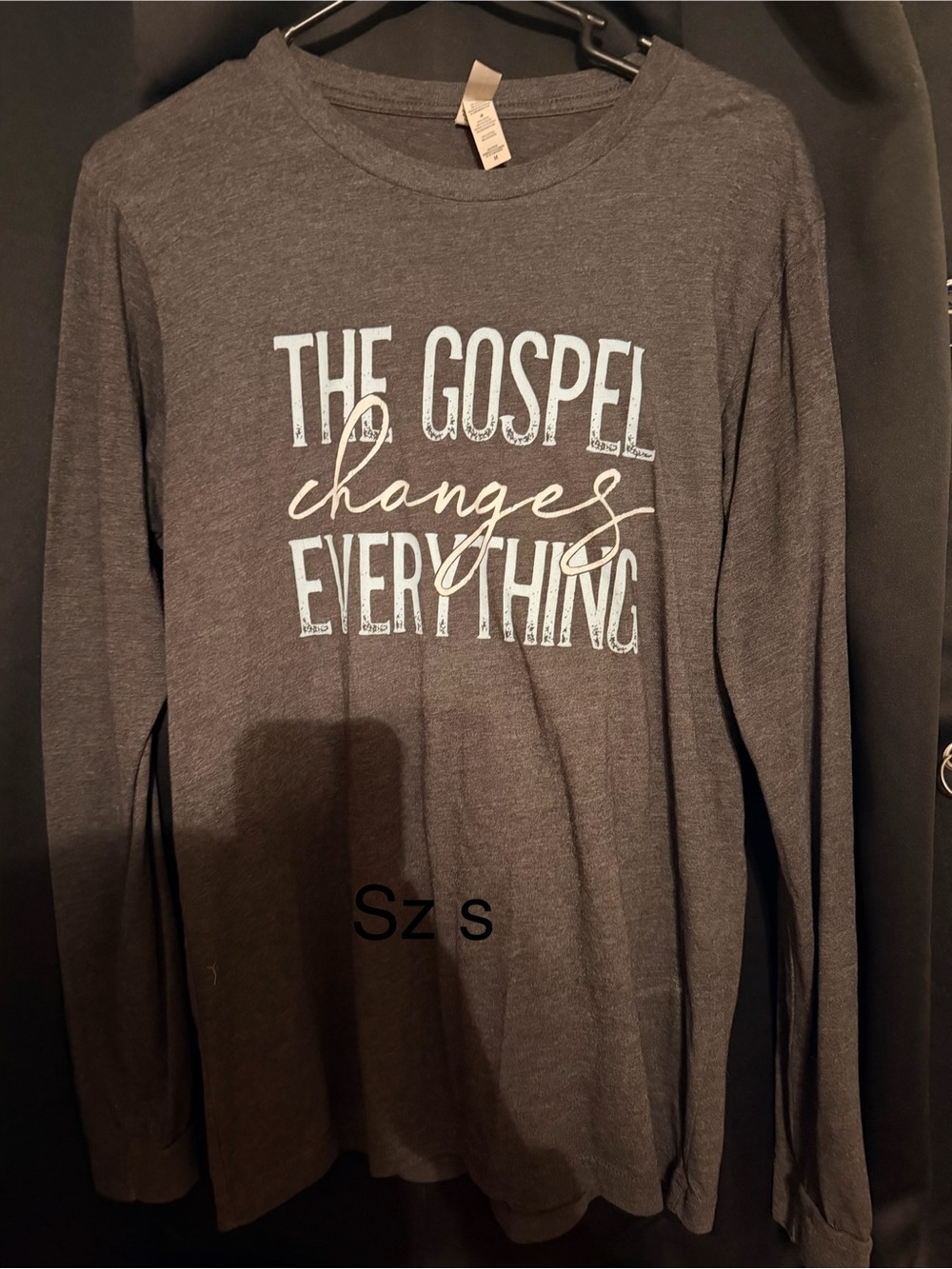 Gray Long Sleeve Tee with "The Gospel Changes Everything"